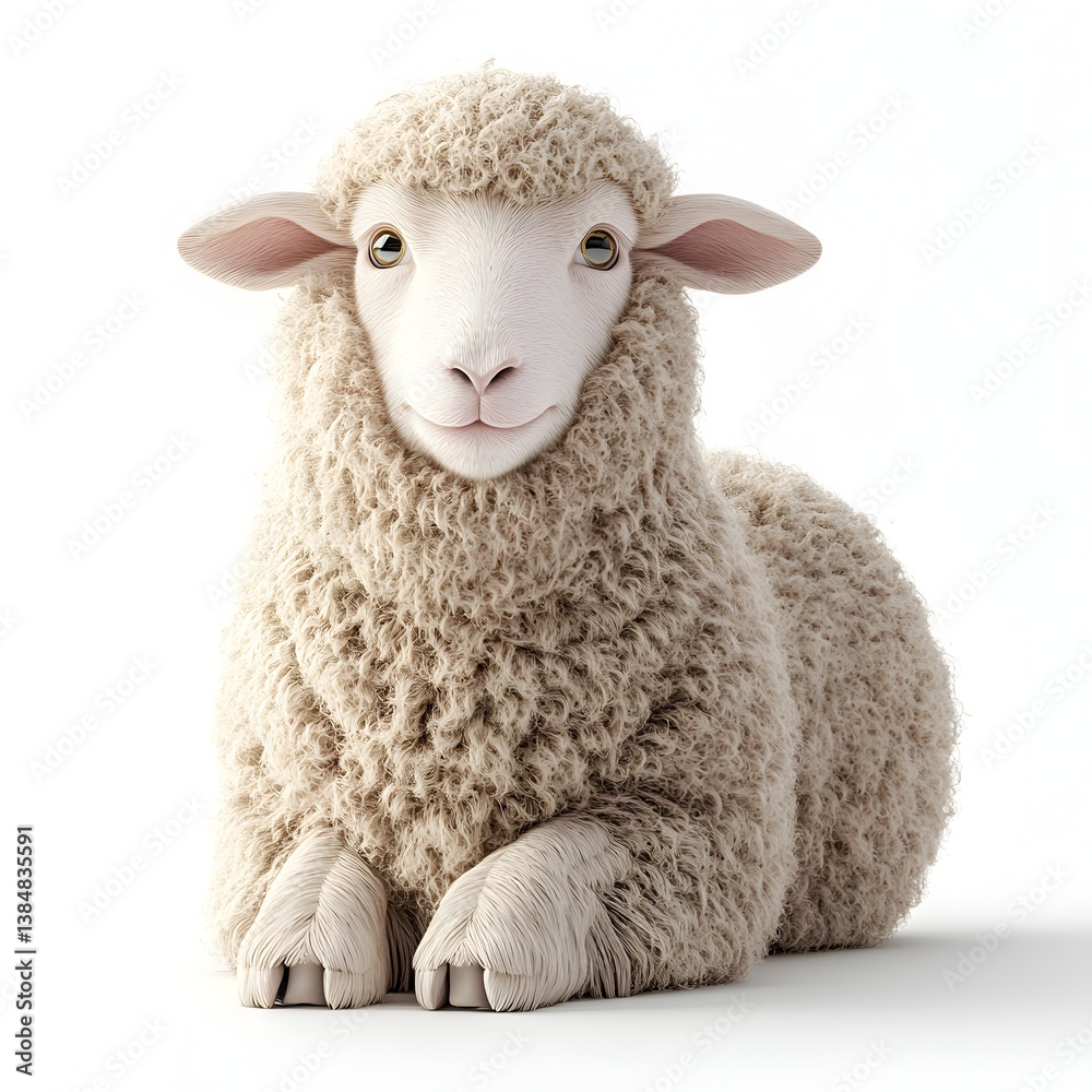 Obraz premium An adorable fluffy lamb sits calmly on a white background perfect for children's books and textile designs.