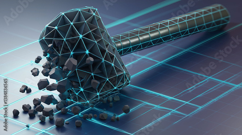Brute force attack breach. Password malware. Security threat. Hacking risk. Cyber firewall. A digital representation of a brute force attack as a hammer. photo