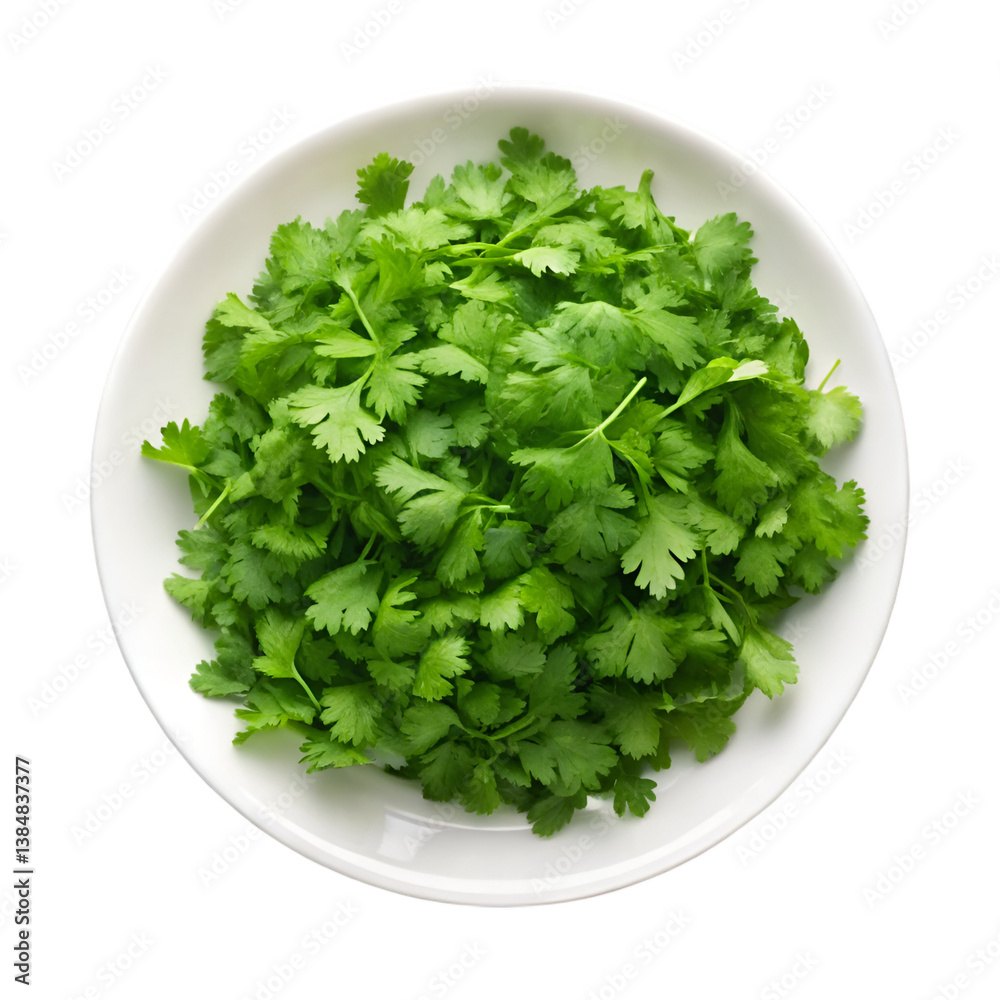 Chopped fresh cilantro in white plate isolated on transparent background Chopped fresh cilantro in white plate isolated on transparent background