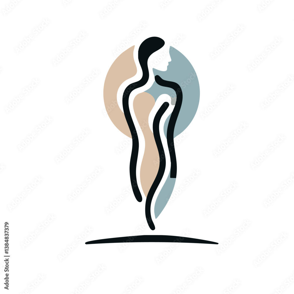 minimalist logo of a female silhouette formed with flowing abstract lines, beige and blue circle in background, representing elegance, beauty and wellness