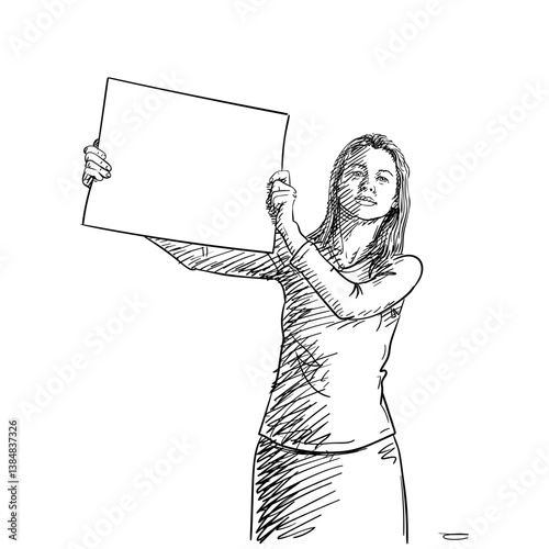 Hand-drawn vector illustration of a woman holding a blank protest sign. Black and white sketch with expressive lines, isolated on a white background. For activism, demonstration, and message concepts
