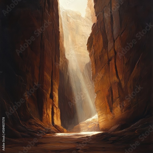 A narrow canyon illuminated by sunlight filtering through high walls, majestic and serene
