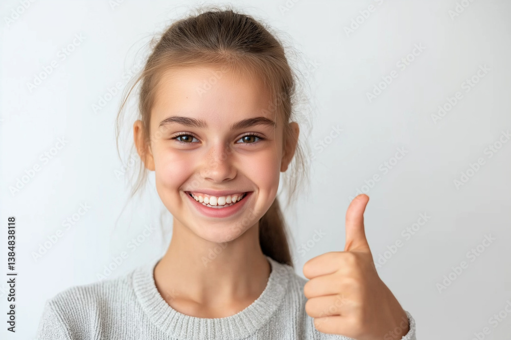 Smiling Girl Shows Thumbs Up, Positive, Happy, Cheerful, Approval Smiling Girl Shows Thumbs Up, Positive, Happy, Cheerful, Approval