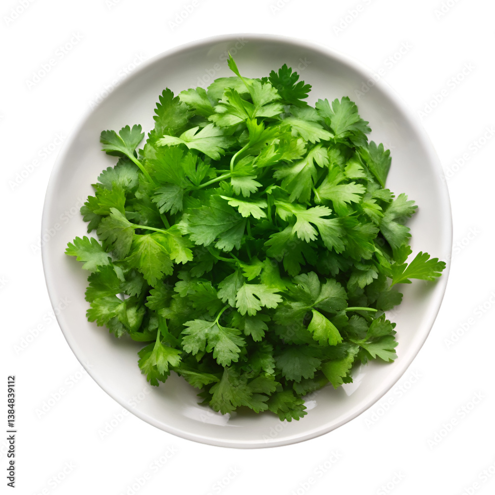 Chopped fresh cilantro in white plate isolated on transparent background Chopped fresh cilantro in white plate isolated on transparent background