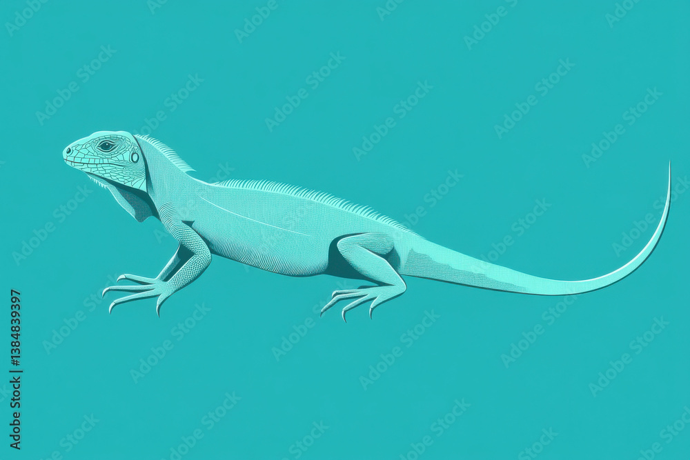 Fototapeta premium Turquoise iguana walking on solid color background