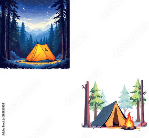 Camping tent illuminated at night and during day in forest landscape