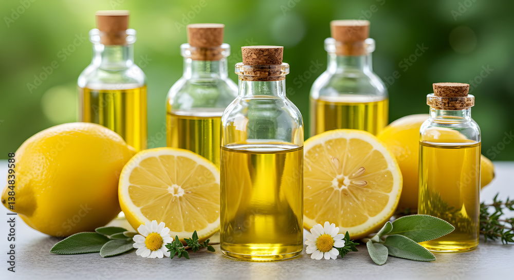 Essential Lemon Oil Bottles with Fresh Lemons on Wooden Surface with Green Bokeh Background Essential Lemon Oil Bottles with Fresh Lemons on Wooden Surface with Green Bokeh Background