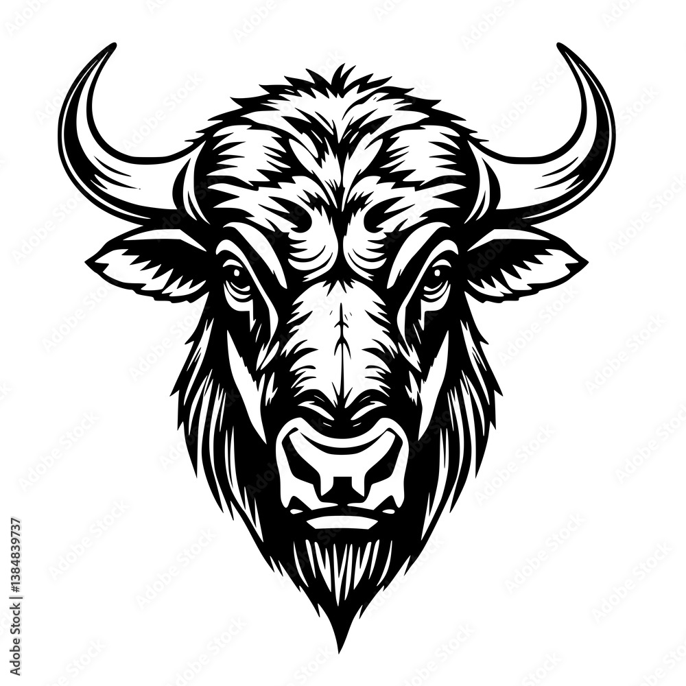 Powerful Bison Head: A striking black and white illustration captures the imposing presence of a bison head, showcasing its strength and majestic horns. Powerful Bison Head: A striking black and white illustration captures the imposing presence of a bison head, showcasing its strength and majestic horns.