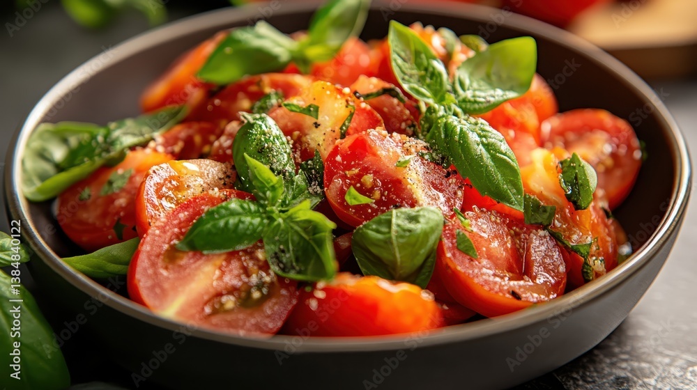 A delectable salad featuring ripe sliced tomatoes and fresh basil, drizzled with olive oil, embodying freshness and a culinary experience perfect for any occasion. A delectable salad featuring ripe sliced tomatoes and fresh basil, drizzled with olive oil, embodying freshness and a culinary experience perfect for any occasion.