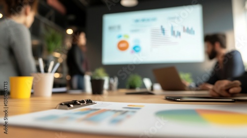 Office meeting, data presentation, team collaboration, blurred background, project planning