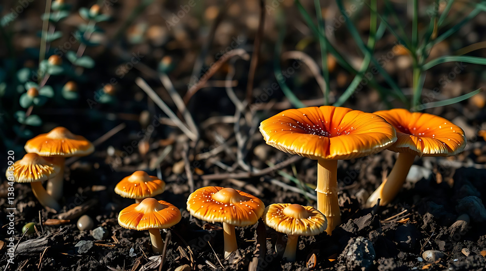 Fototapeta premium Nature of mushrooms in garden using as cover page background, created by generative ai