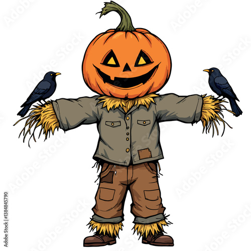 Smiling halloween pumpkin scarecrow with crows perched on arms
