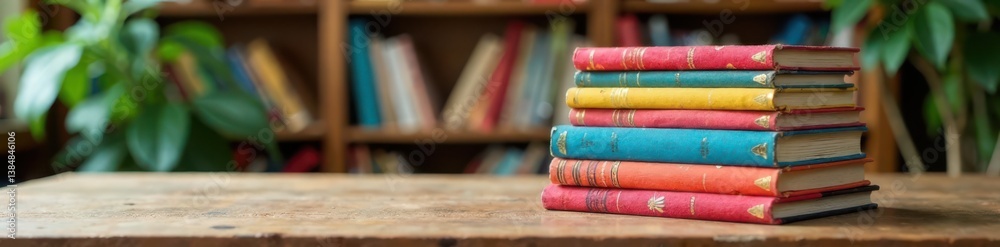 Colorful stack of illustrated books on a wooden table, creativity, books Colorful stack of illustrated books on a wooden table, creativity, books