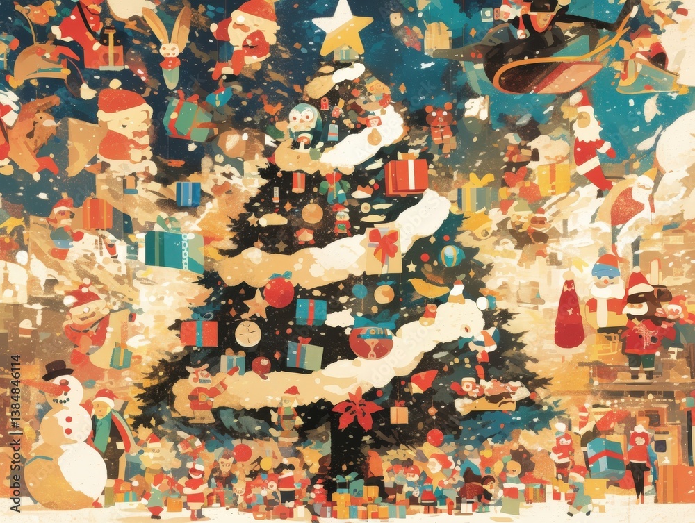 Naklejka premium Festive Christmas tree, gifts and happy people, winter wonderland painting