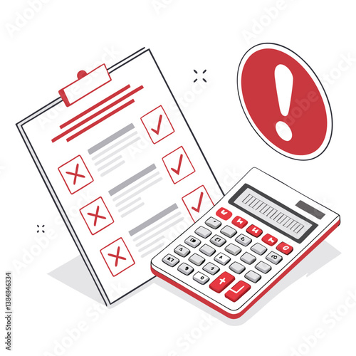 Design a bold, vector illustration of a tax form with a calculator, emphasizing strong lines and impactful color choices.  The style should be modern and easily scalable.