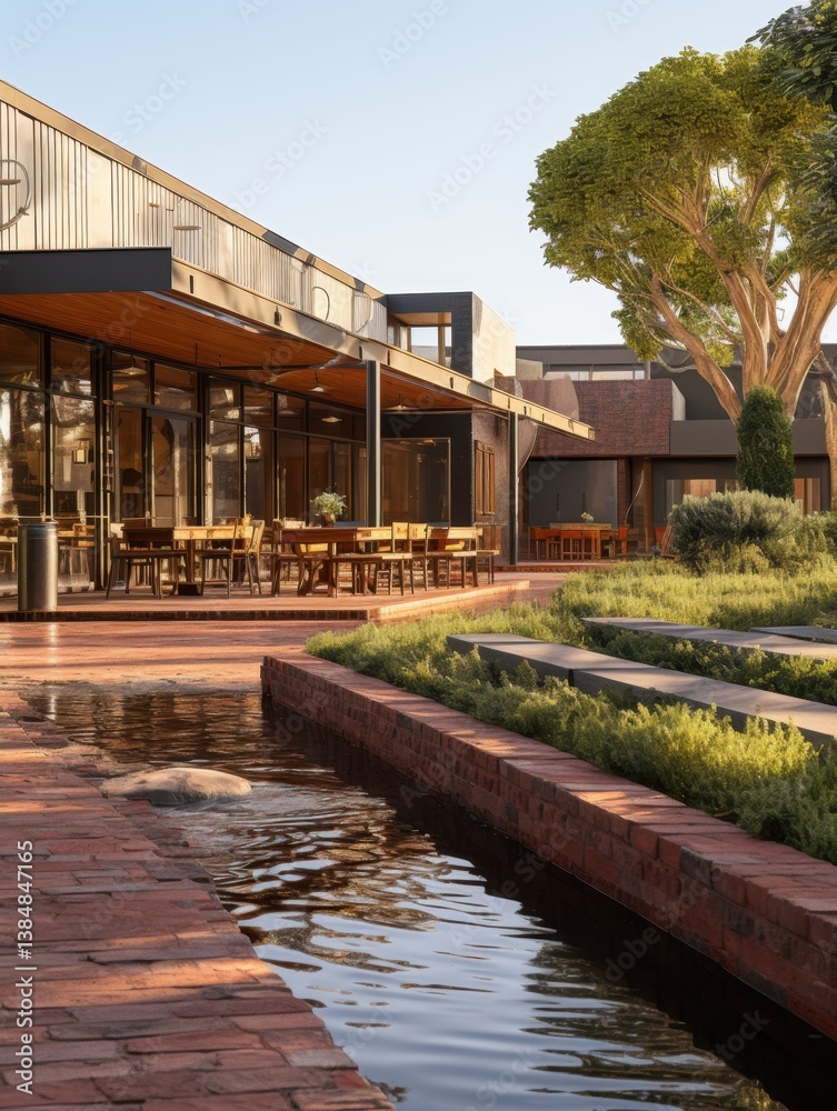 Exterior view of a modern building with a restaurant and a water feature in the foreground area Exterior view of a modern building with a restaurant and a water feature in the foreground area