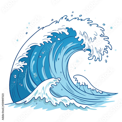 Create a bold, vector illustration of a powerful tidal wave crashing, emphasizing dramatic strokes and dynamic movement.