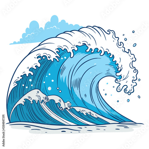 Create a bold, vector illustration of a powerful tidal wave crashing; emphasize dynamic, forceful strokes.