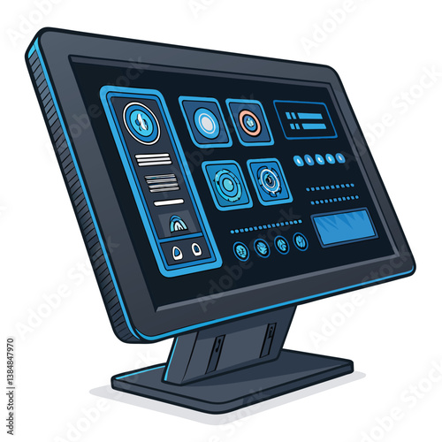 Design a bold, vector illustration of a touchscreen LCD panel, emphasizing its sleek, modern design with strong, impactful lines.