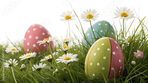 Colorful Easter Eggs Nestled Among Vibrant Daisies in a Grassy Field During Springtime