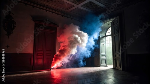 Smoke Fills Historic Room With Blue and Red Colors During Dramatic Lighting Event Inside an Elegant Building