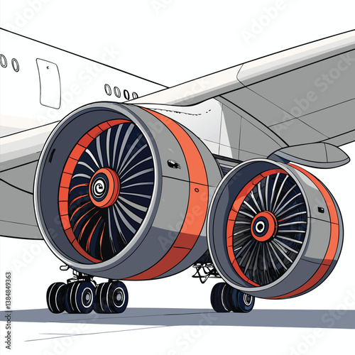Create a bold, stylized vector illustration of a twin-turbojet engine, emphasizing powerful lines and impactful design.  High detail, technical accuracy secondary to artistic expression.