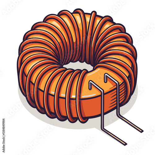Create a bold, vector illustration of a twisted inductor coil, emphasizing its three-dimensional form with strong, contrasting lines.