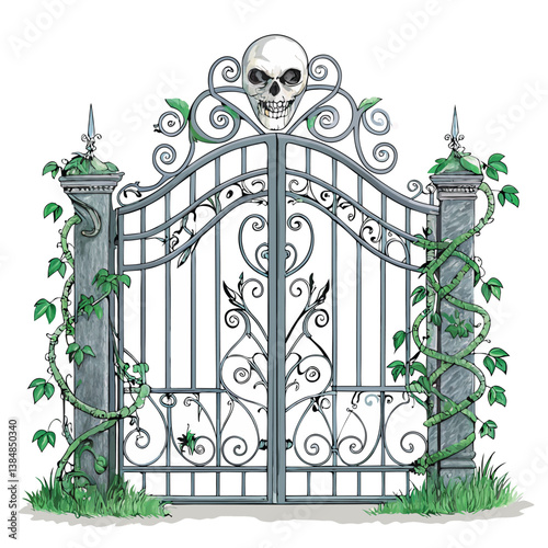 Create a bold vector illustration of a twisted, wrought iron gate, emphasizing strong, dark strokes and intricate details.  Include shadows for depth.