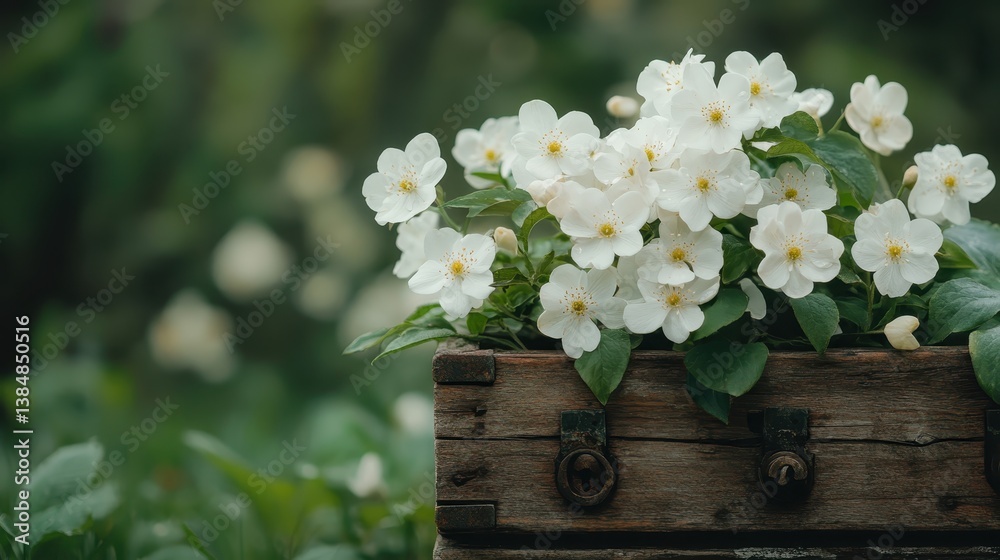 A charming arrangement of delicate white flowers in a rustic wooden box exudes tranquility and natural beauty, making it perfect for thematic decorations or garden aesthetics. A charming arrangement of delicate white flowers in a rustic wooden box exudes tranquility and natural beauty, making it perfect for thematic decorations or garden aesthetics.