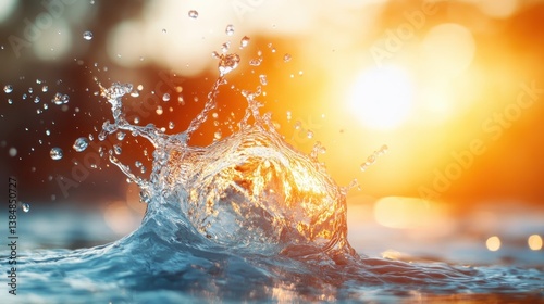 A captivating water splash rises against the backdrop of a setting sun, sparkling with golden reflections—the perfect embodiment of nature's dynamic artistry and transient beauty.