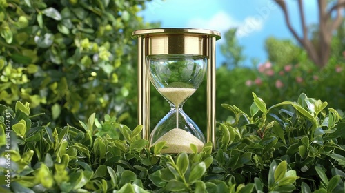 Showcase a golden hourglass surrounded by lush greenery, symbolizing the importance of time in long-term investment strategies.