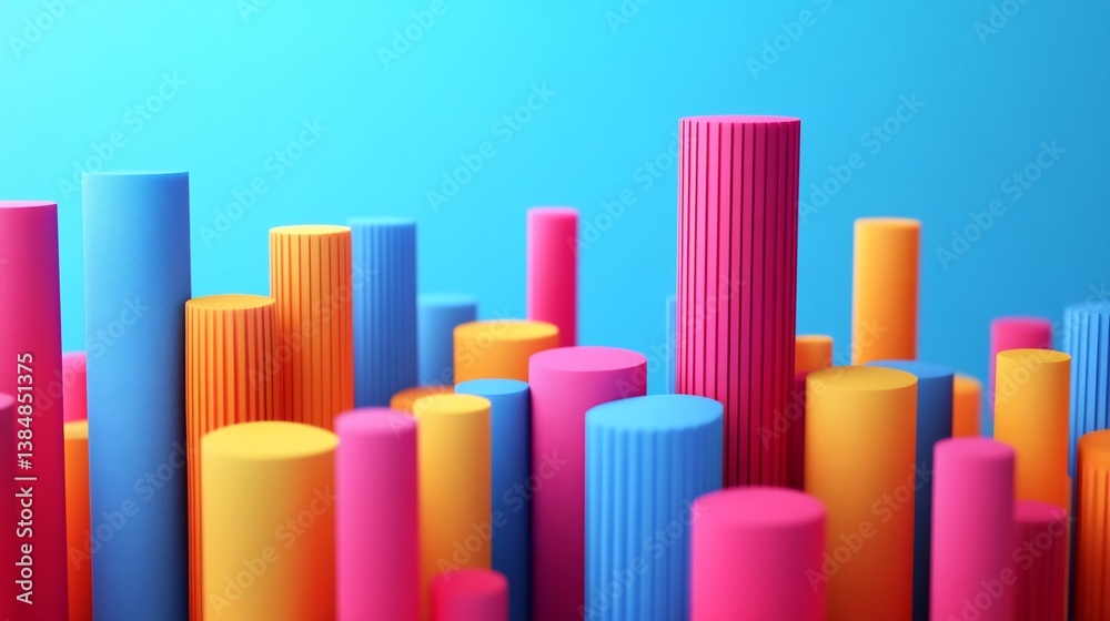 Vibrant Geometric Abstraction with Textured Cylinders Against Blue Backdrop Vibrant Geometric Abstraction with Textured Cylinders Against Blue Backdrop