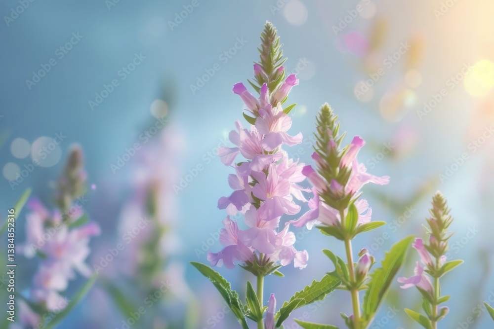 Naklejka premium Delicate pink flowers bloom under soft sunlight in a tranquil garden setting