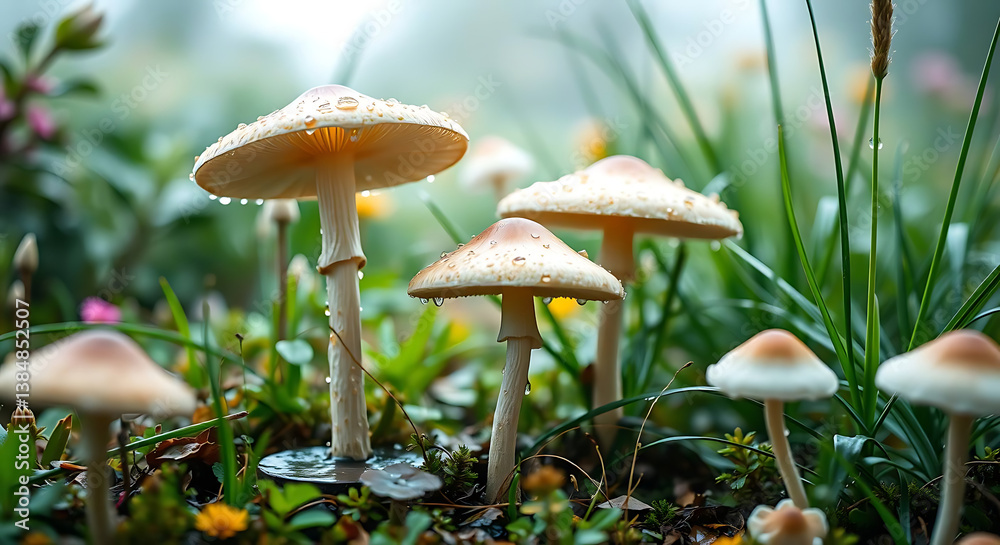 Nature of mushrooms in garden using as cover page background, created by generative ai Nature of mushrooms in garden using as cover page background, created by generative ai