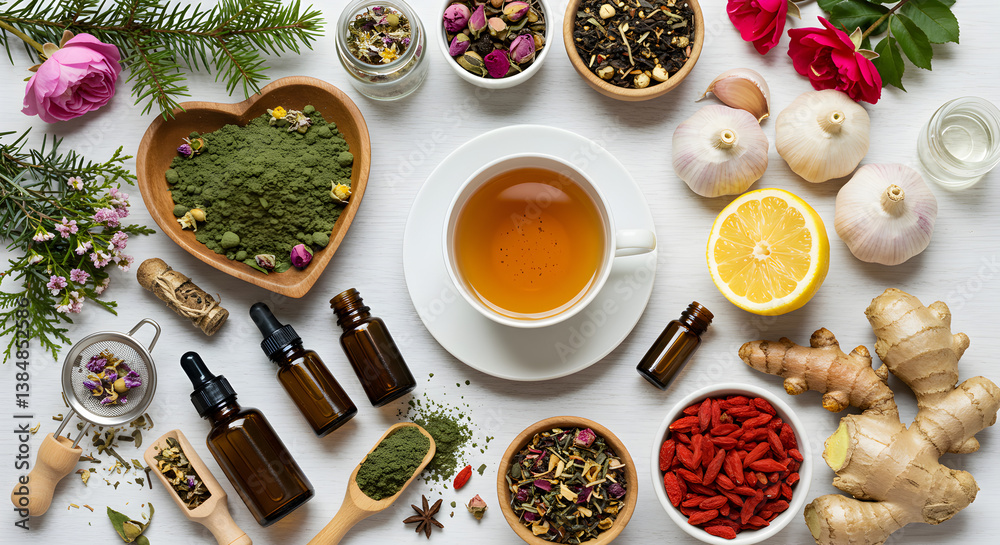 Assortment of Herbal Tea Ingredients with Lemon and Goji Berries Flat Lay Overhead Shot Assortment of Herbal Tea Ingredients with Lemon and Goji Berries Flat Lay Overhead Shot