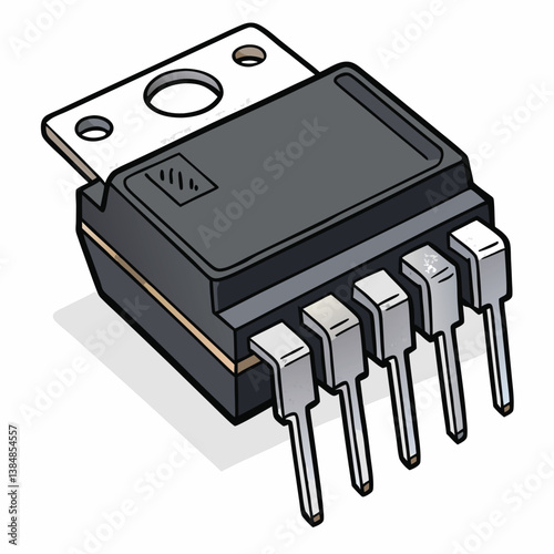 Design a bold vector illustration of a voltage regulator IC, showcasing its internal components with thick, impactful lines and vibrant colors.