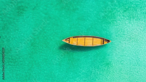 Aerial View of a Wooden Boat on Clear Turquoise Waters Surrounded by Vibrant Coral Reefs
