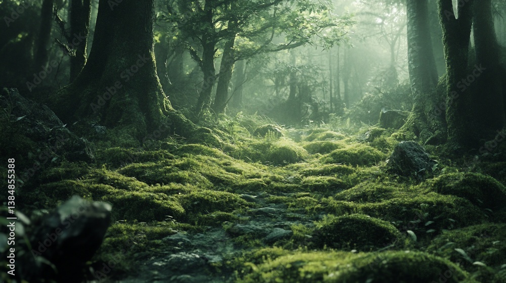 Fototapeta premium Mystical woodland scene with vibrant moss and ethereal light filtering through