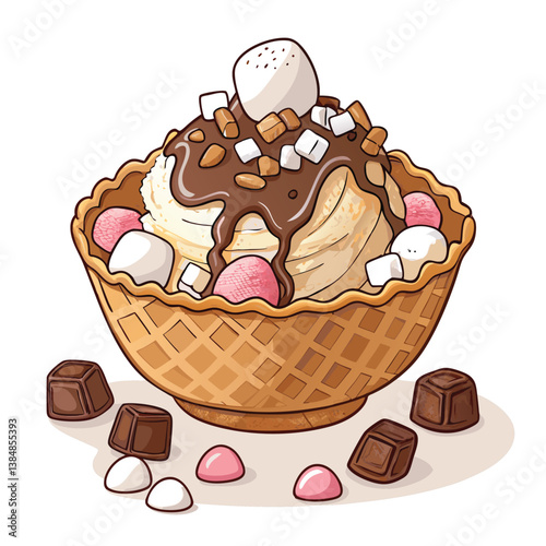 Create a bold, vector illustration of a waffle bowl overflowing with ice cream, showcasing strong lines and vibrant color.