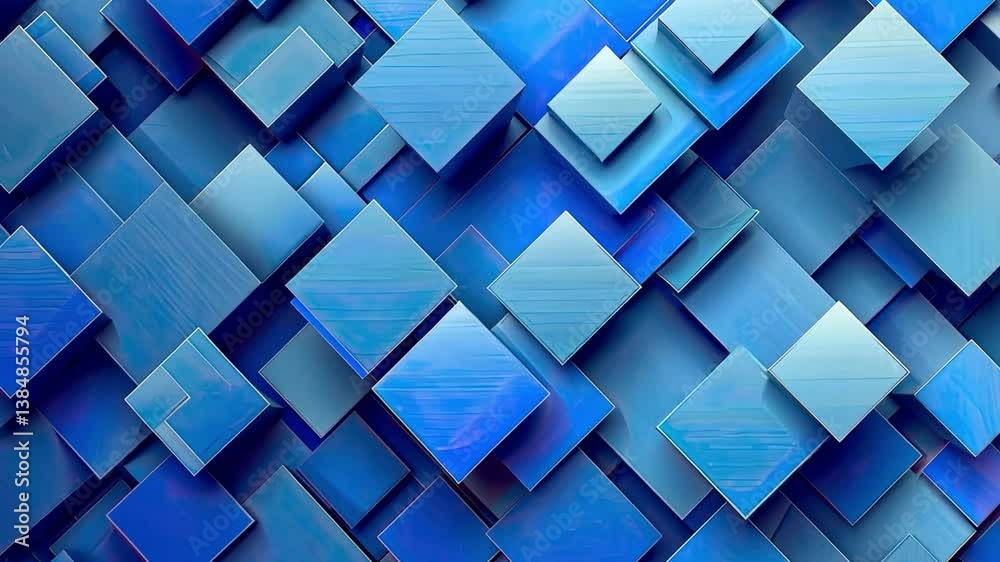 Modern abstract design showcases vibrant composition of blue geometric shapes, where dynamic arrangements and interplay of light and shadow create depth and texture.