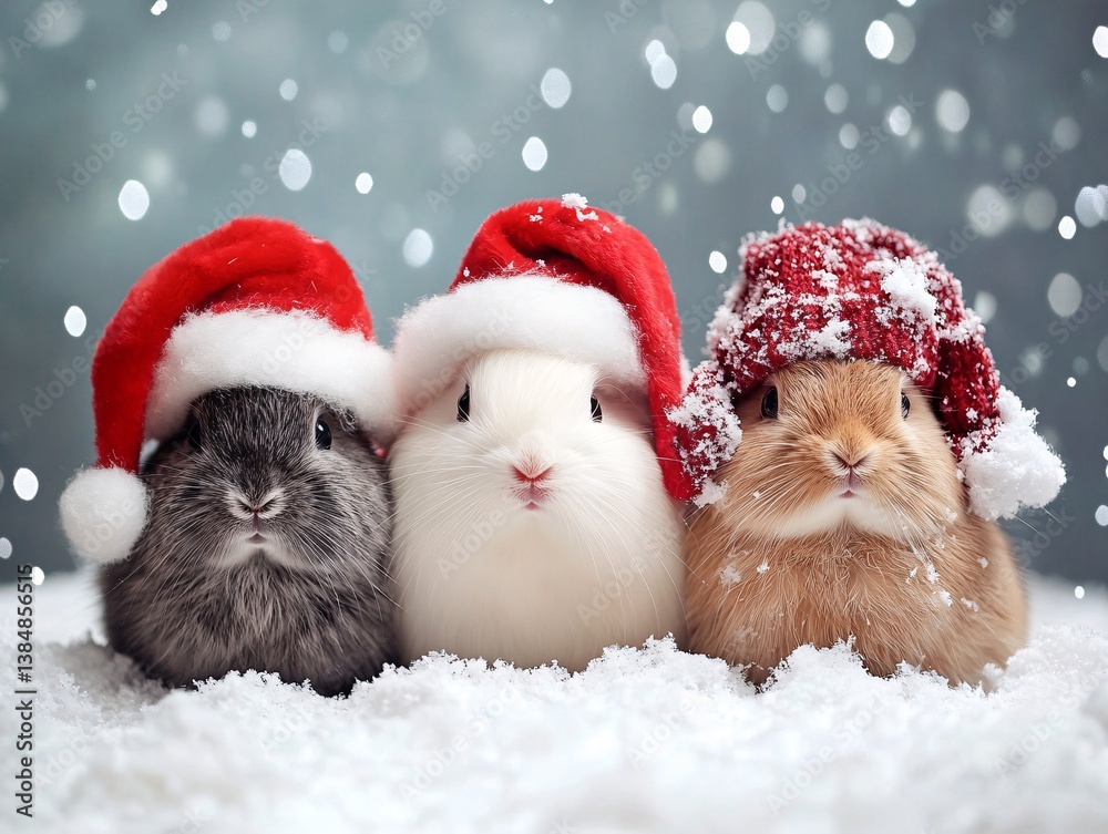 christmas bunnies in santa hats on snow with sparkling background