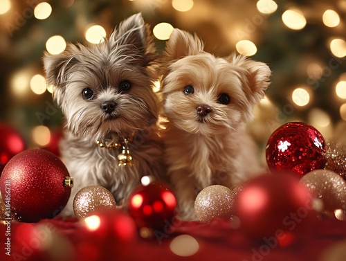 Obraz na płótnie yorkshire terrier dog with christmas decorations w salonie