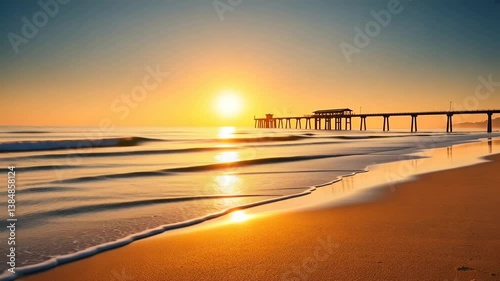 AI generated setting sun above empty beach with a pier, and golden light reflection in water