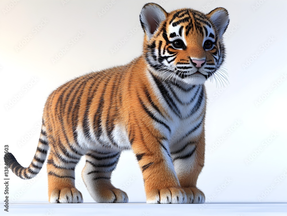 Obraz premium An adorable baby tiger cub stands on a white background showcasing its orange and black striped fur in a cute pose.