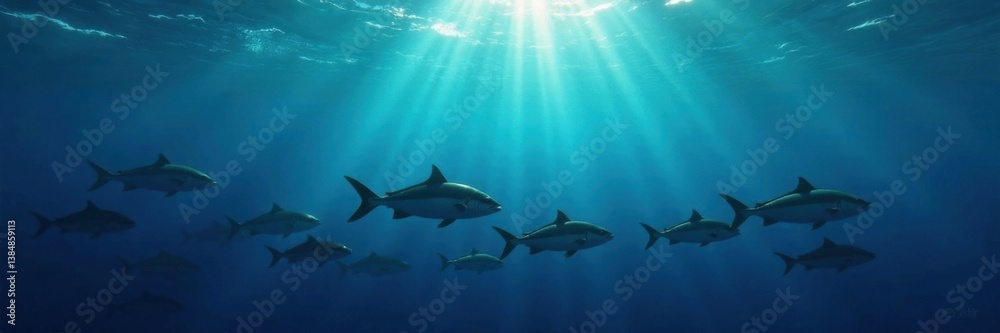 School of fish swim beneath the dark blue ocean surface on a sunny day, school, ocean, water School of fish swim beneath the dark blue ocean surface on a sunny day, school, ocean, water