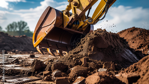 Mini excavator at the construction site on the edge of a pit against a cloudy blue sky. Compact construction equipment for earthworks. An indispensable assistant for earthworks