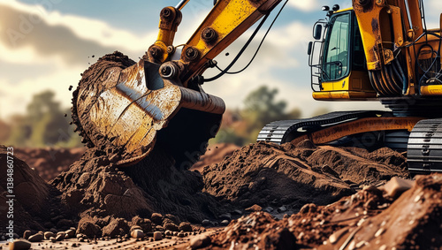 Mini excavator at the construction site on the edge of a pit against a cloudy blue sky. Compact construction equipment for earthworks. An indispensable assistant for earthworks
