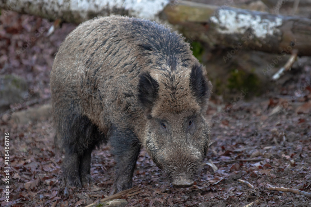 wild boar looking for food on the ground in the forest. wild boar up close wild boar looking for food on the ground in the forest. wild boar up close