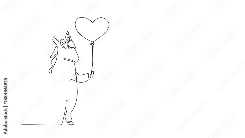 Self drawing animation of continuous one line drawing unicorn is standing and holding a heart shaped balloon. Symbol of courage love. Gentleness of heart. National Unicorn Day. Full length animated