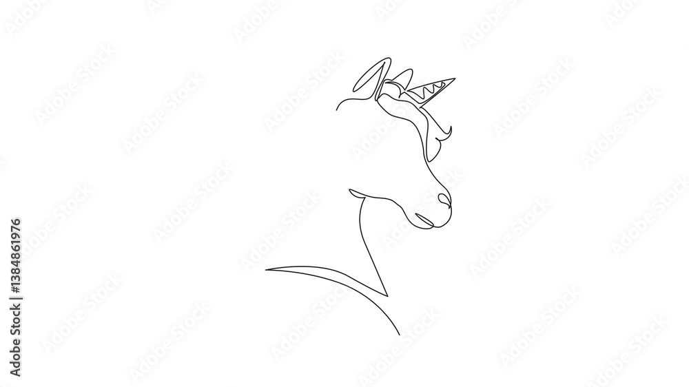 Self drawing animation of continuous one line drawing the unicorn head. A symbol that depicts beauty, strength and courage. Folklore. Mythology. Wonderland. National Unicorn Day. Full length animated